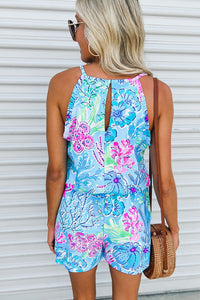 Marine Plants Printed Sleeveless Halter Neck Short Romper