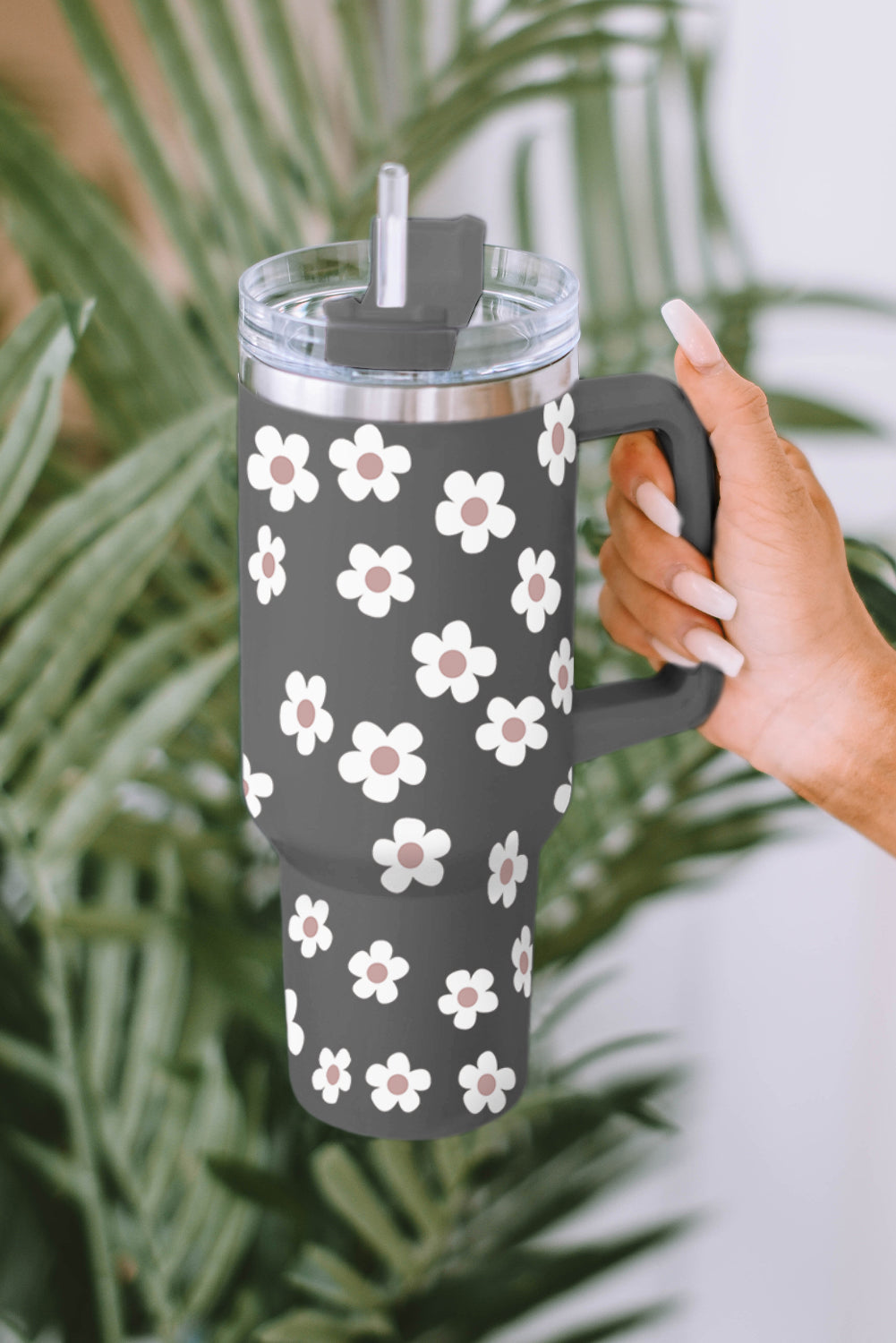 Parchment Floret Print Stainless Tumbler With Lid And Straw