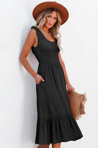 Black U-Neck Sleeveless Ruched Tiered Ruffled Midi Dress