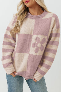 Pink Checkered and Striped Knitted Pullover Sweater