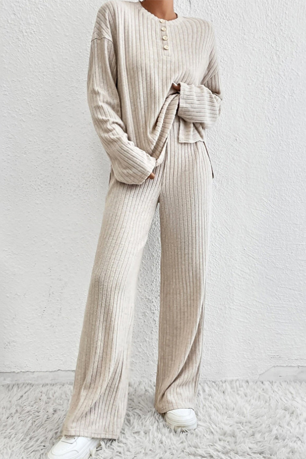 Beige Solid Color Ribbed Henley Top and Pants Set