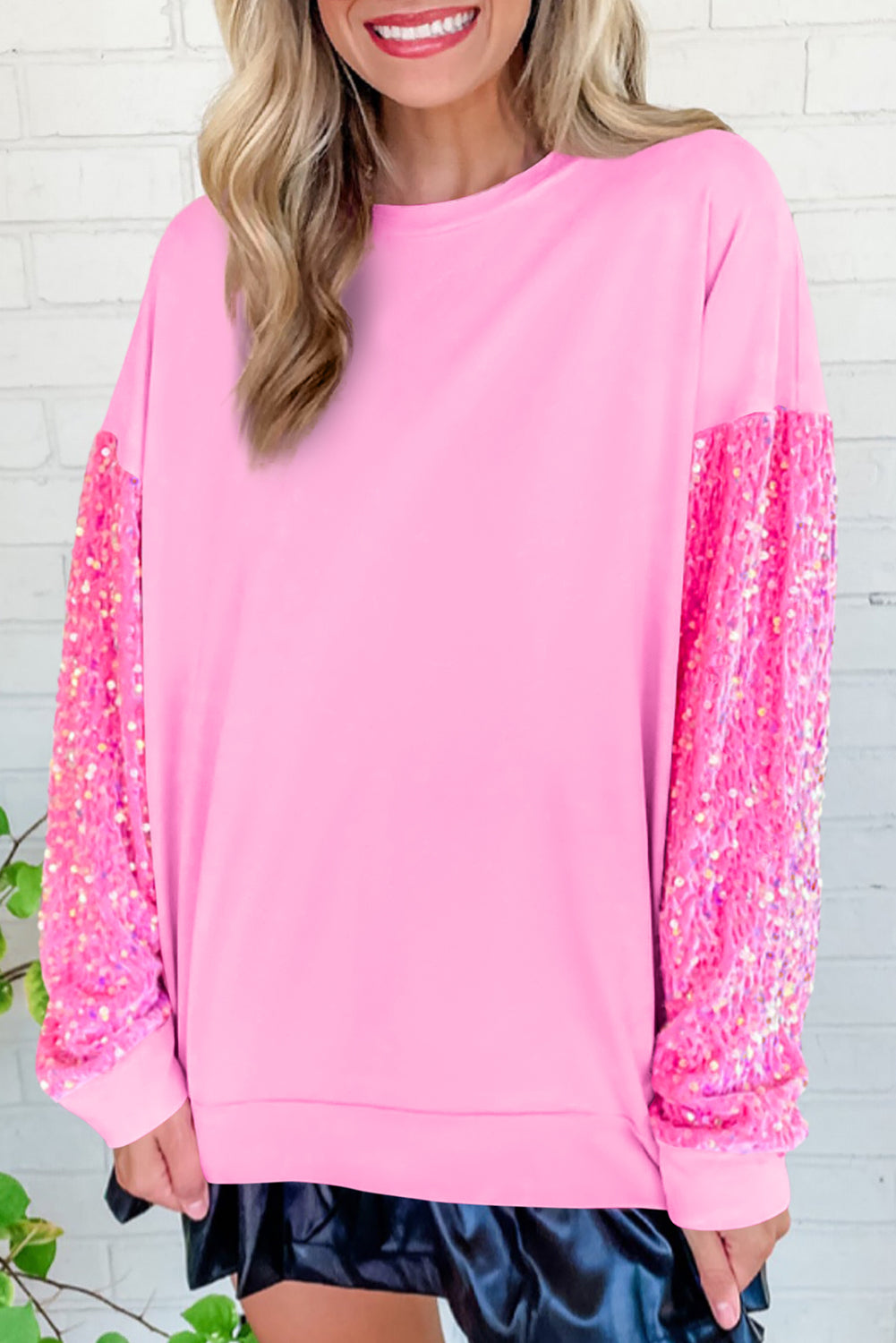 Pink Sequin Patchwork Long Sleeve Pullover Top