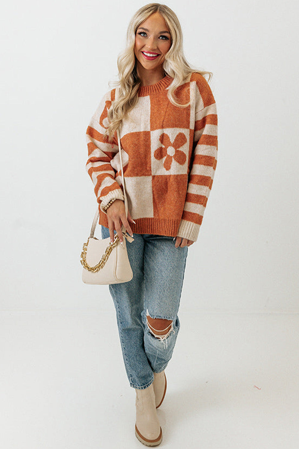 Pink Checkered and Striped Knitted Pullover Sweater