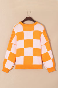 Pink Checked Bishop Sleeve Pullover Sweater