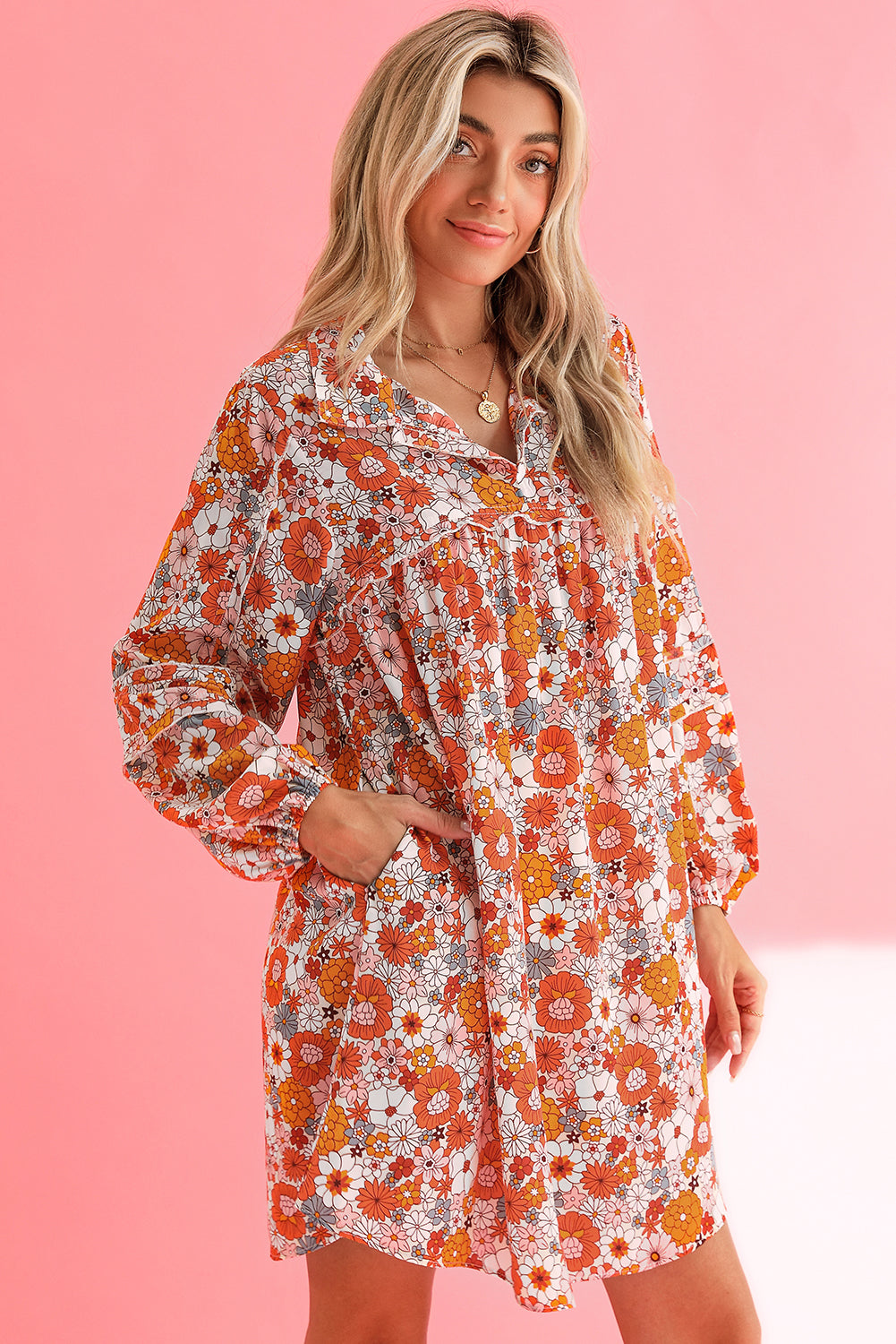 Orange Boho Floral Print V Neck Pocketed Mini Dress