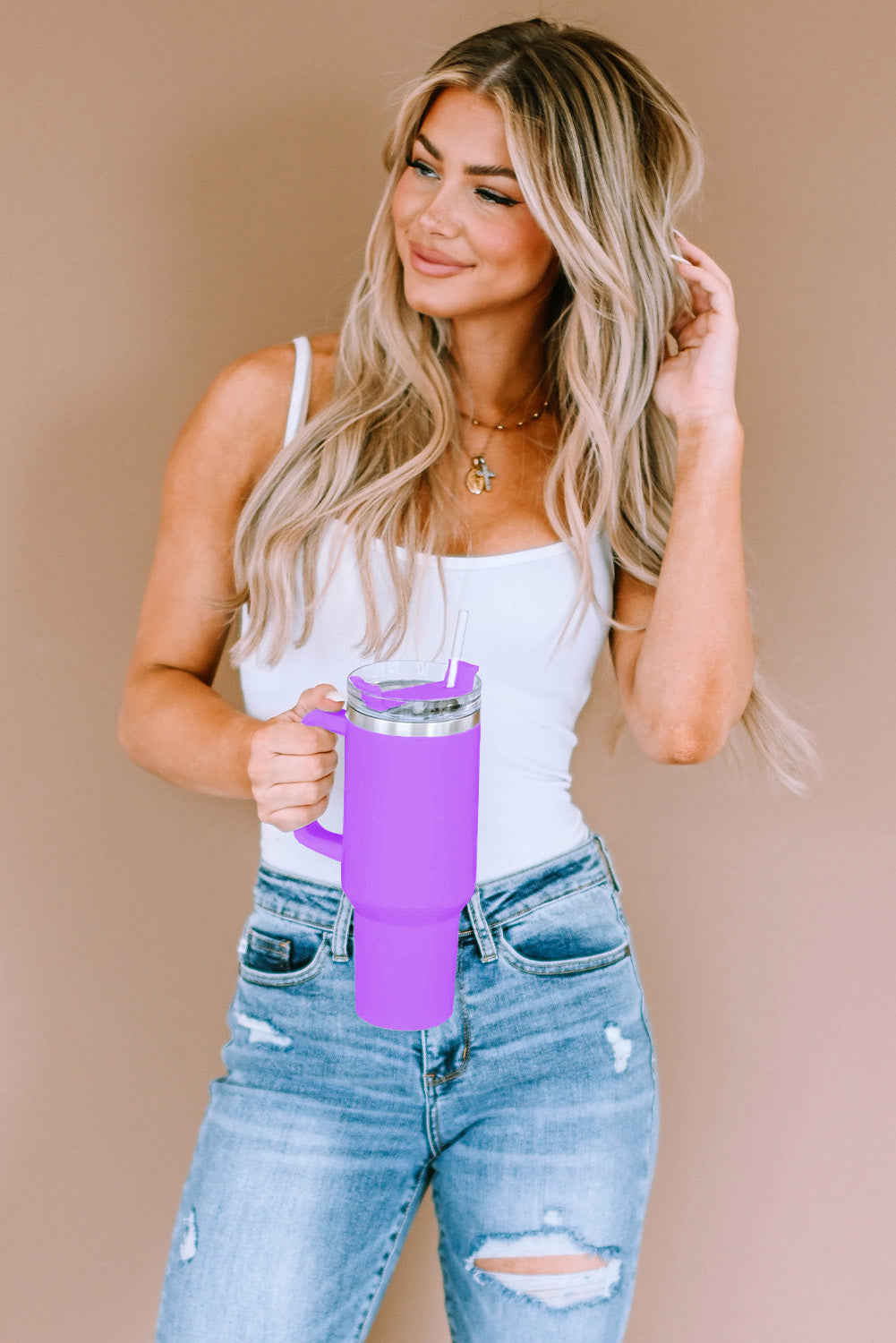 Purple 304 Stainless Steel Insulated Tumbler Mug With Straw