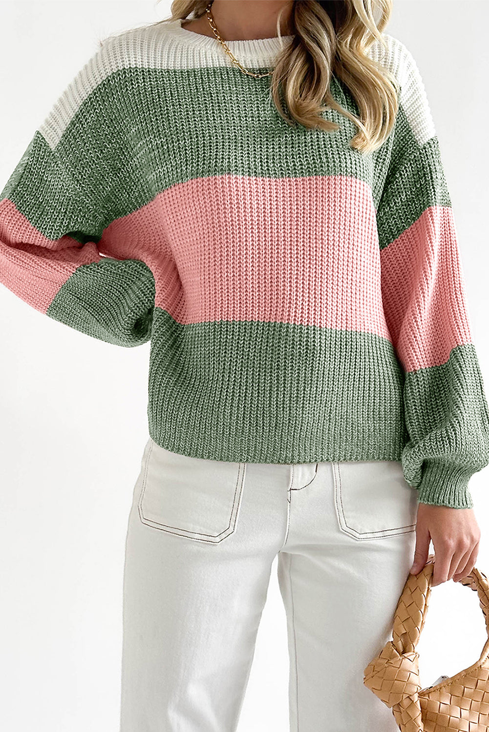 Pink Colorblock Drop Shoulder Pullover Loose Sweater