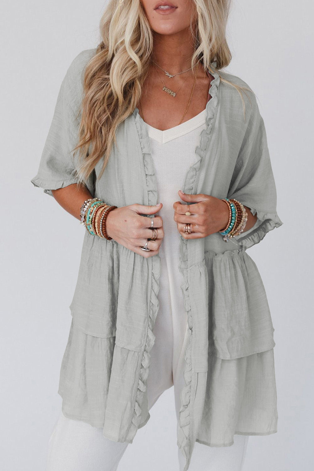 Pink Ruffled Trim Short Sleeve Open Front Kimono