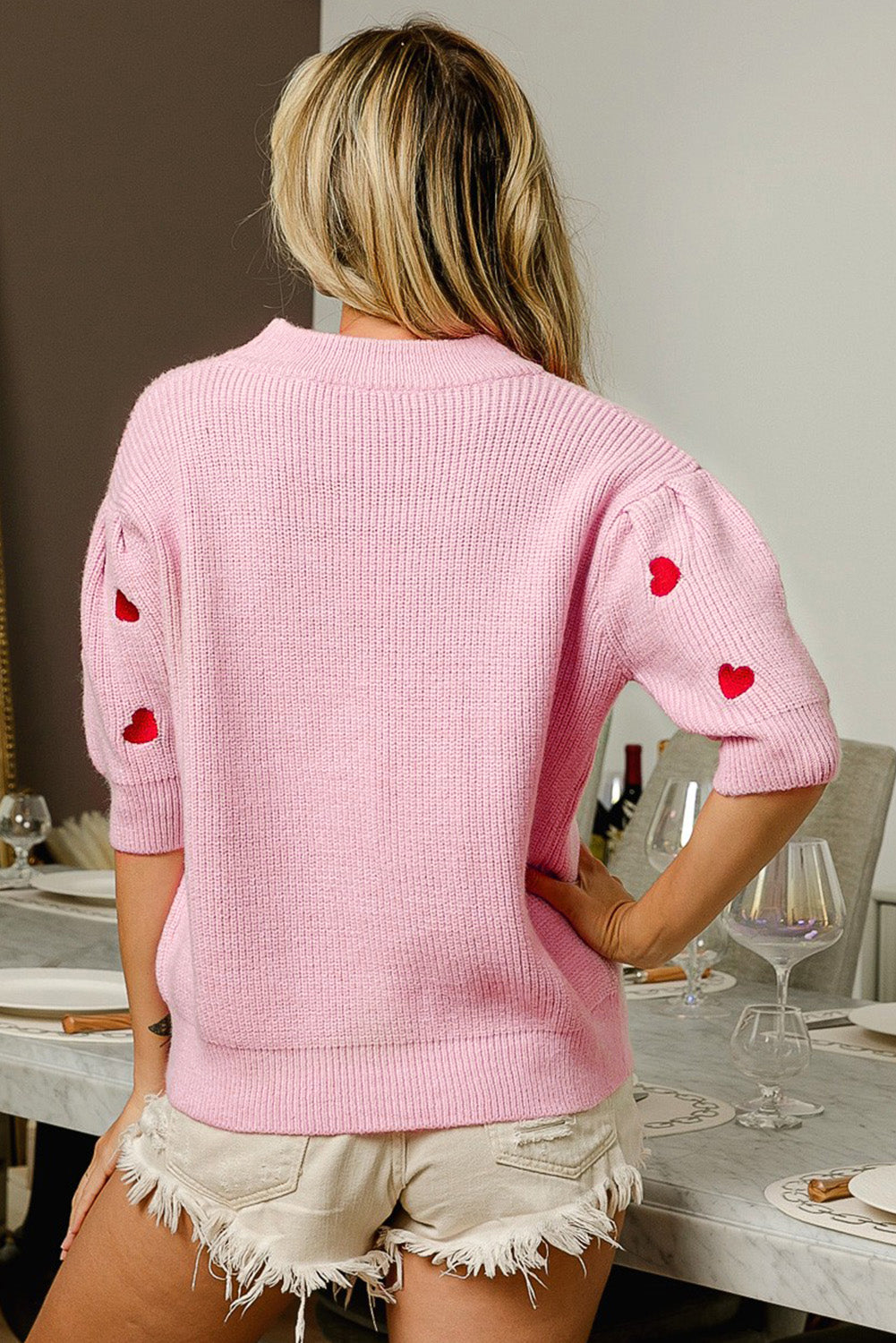 Pink Valentine Heart Puff Sleeve Knitted Sweater