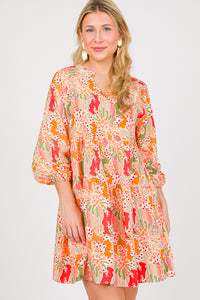 Multicolor Abstract Split Neck Puff Sleeve Boho Dress