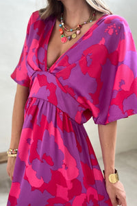 Rose Abstract Floral Print V Neck Dolman Split Maxi Dress