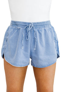 Sky Blue Side Slit Drawstring Denim Shorts