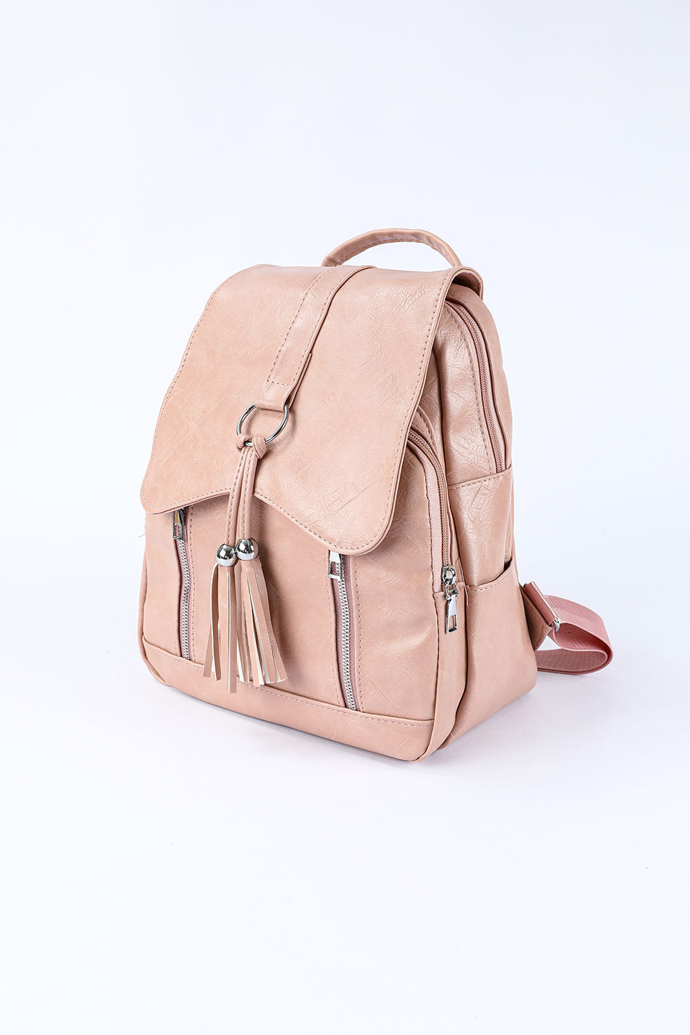 Pink Casual Multifunctional Flap Faux Leather Backpack