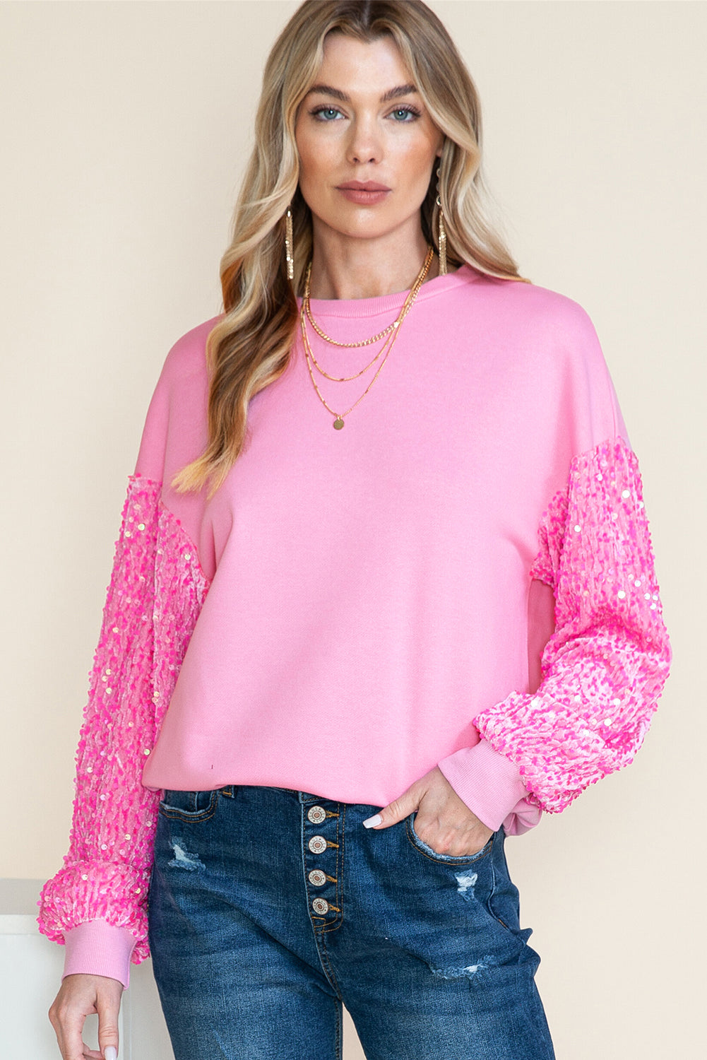 Pink Sequin Patchwork Long Sleeve Pullover Top