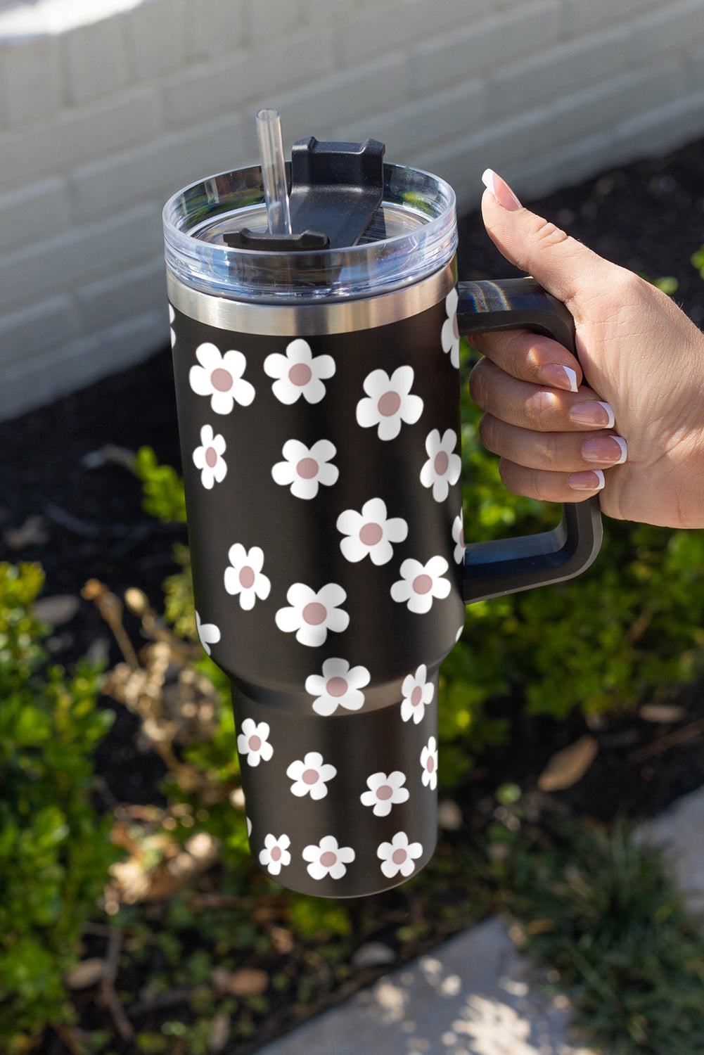 Parchment Floret Print Stainless Tumbler With Lid And Straw