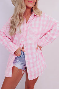 Pink Mix Checked Pocket Patchwork Long Sleeve Shacket