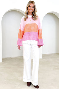 Pink Colorblock Drop Shoulder Pullover Loose Sweater