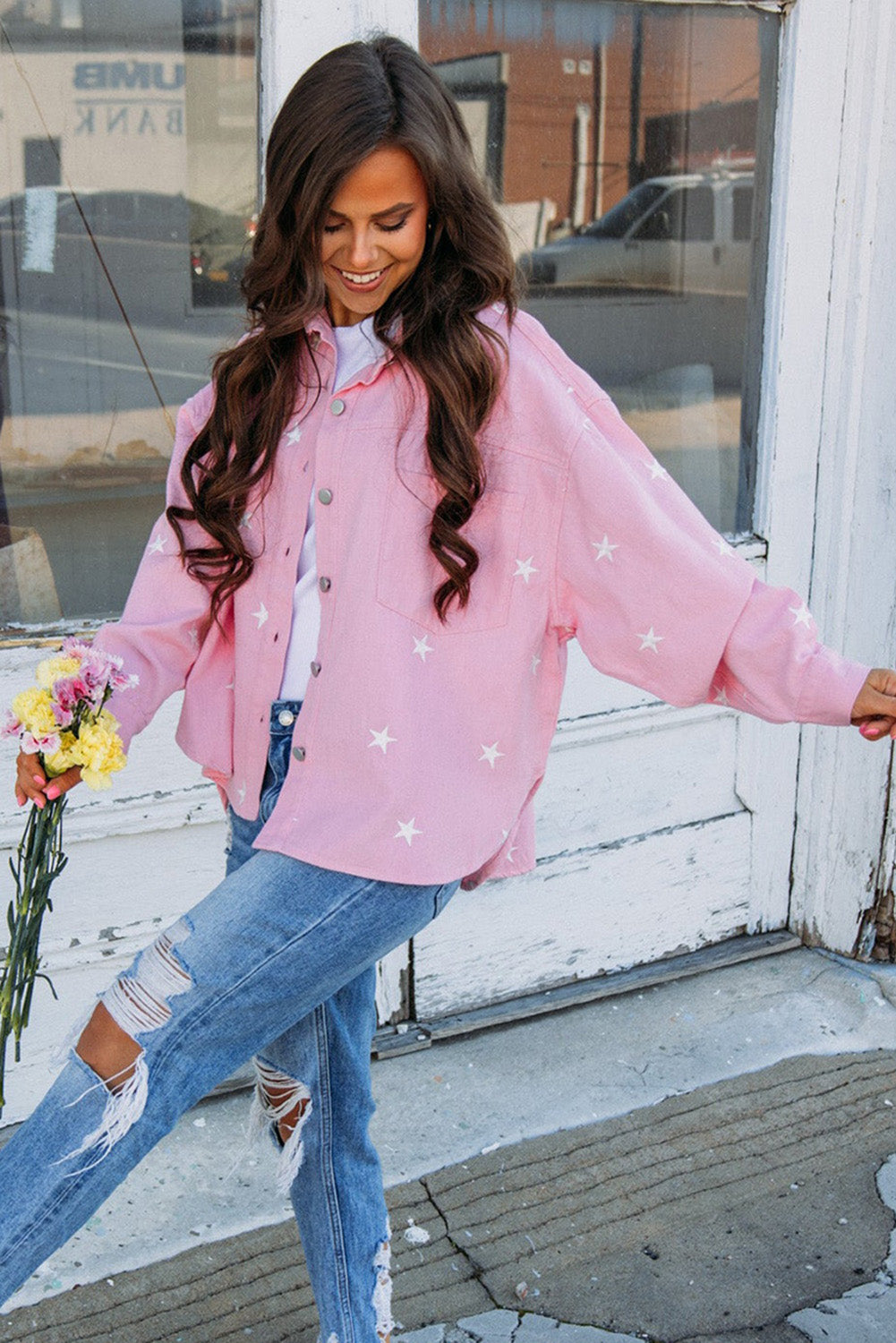 Pink Star Print Pocketed Batwing Sleeve Denim Jacket