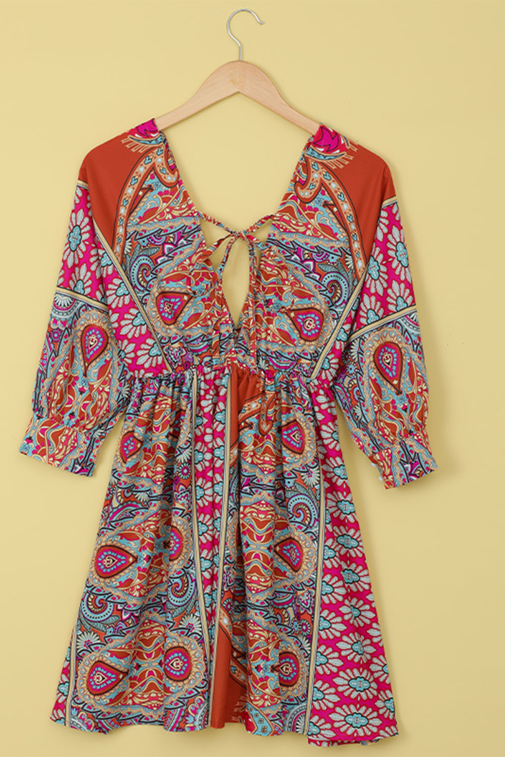 Multicolor Sexy Plunge Neckline 3/4 Sleeve Tie Back Boho Dress