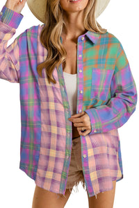 Purple Plaid Colorblock Pockets Button Up Shacket