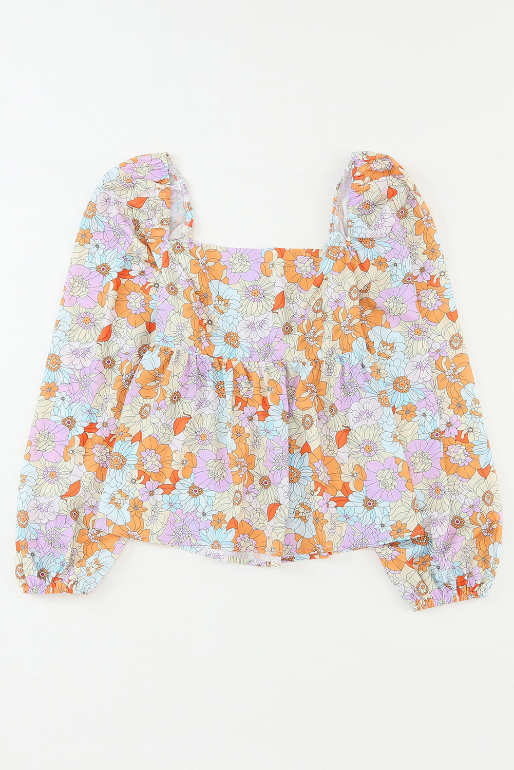 Orange Floral Square Neck Puff Sleeve Babydoll Blouse