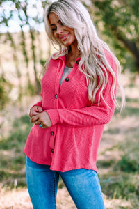 Hot Pink Pocket Buttons Front Waffle Knit Shacket