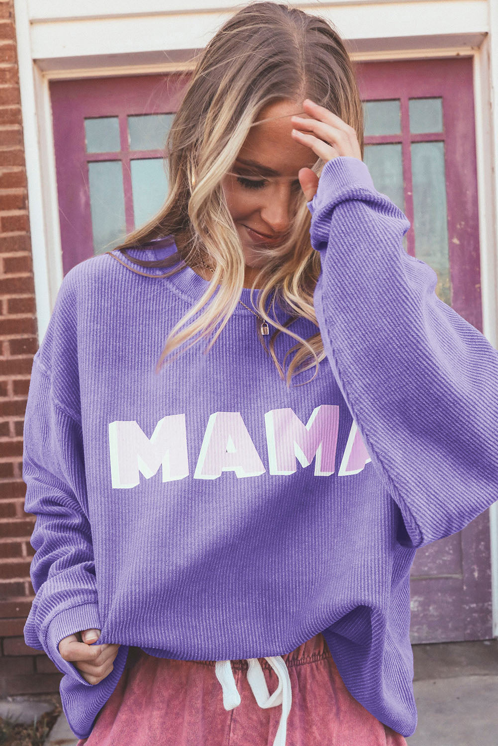 Purple MAMA Ribbed Crew Neck Pullover Sweatshirt