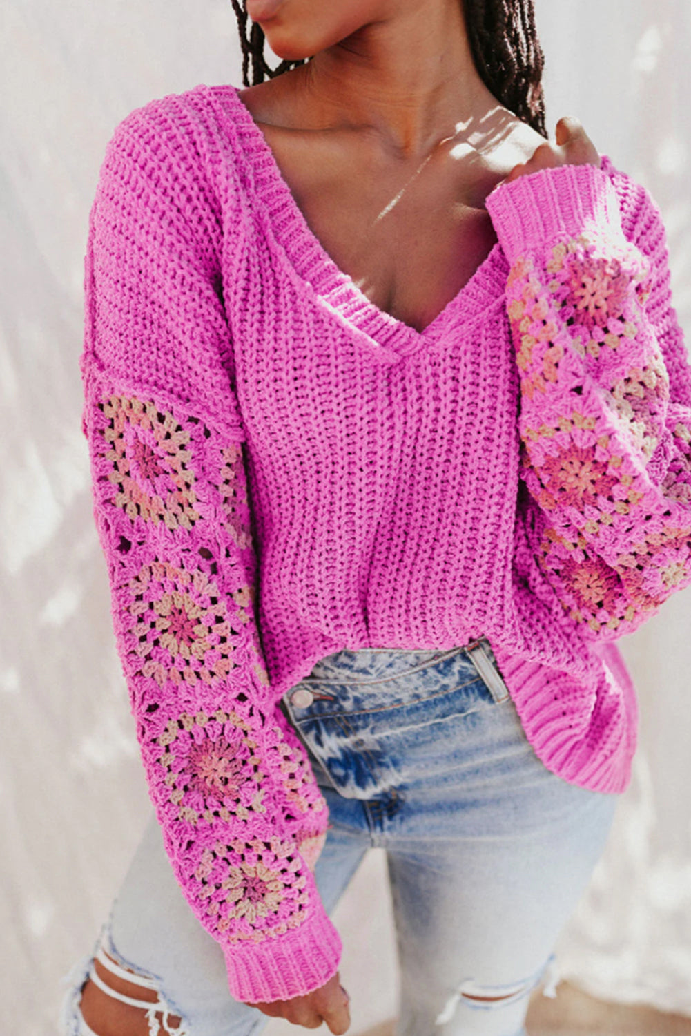 Rose Crochet Long Sleeve Knitted Pullover V Neck Sweater