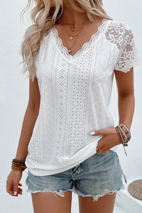 White V Neck Lace Splicing Eyelet Blouse