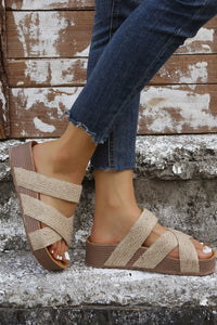 Beige Woven Criss Cross Strap Platform Slip-on Sandals