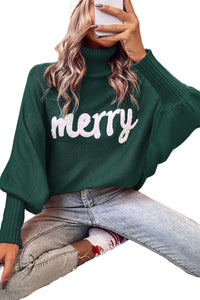 Red Turtle Neck Batwing Sleeve Merry Christmas Sweater