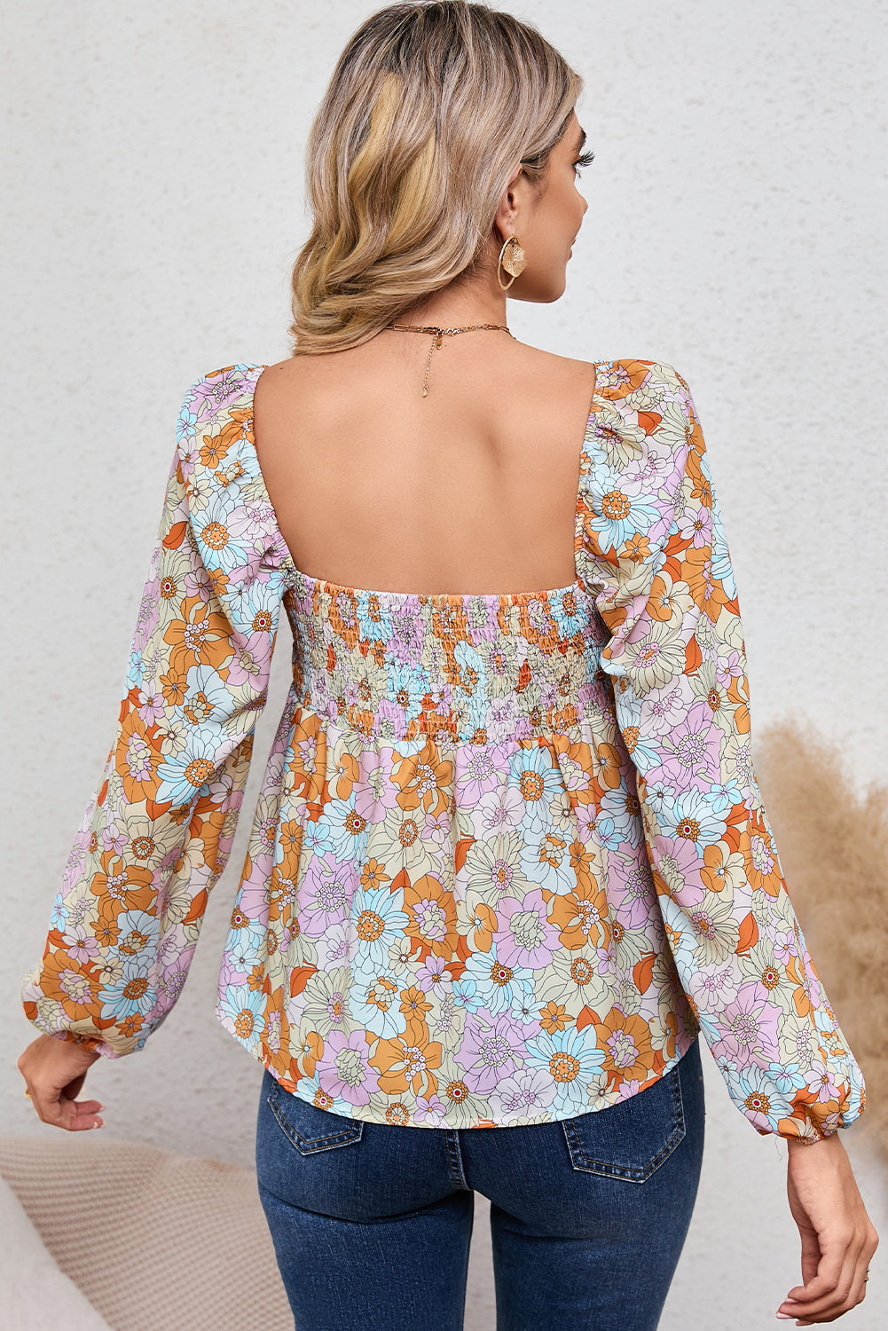 Orange Floral Square Neck Puff Sleeve Babydoll Blouse