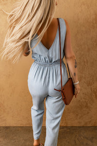 Light Blue Casual Pocketed Sleeveless Belted Waist Jumpsuit