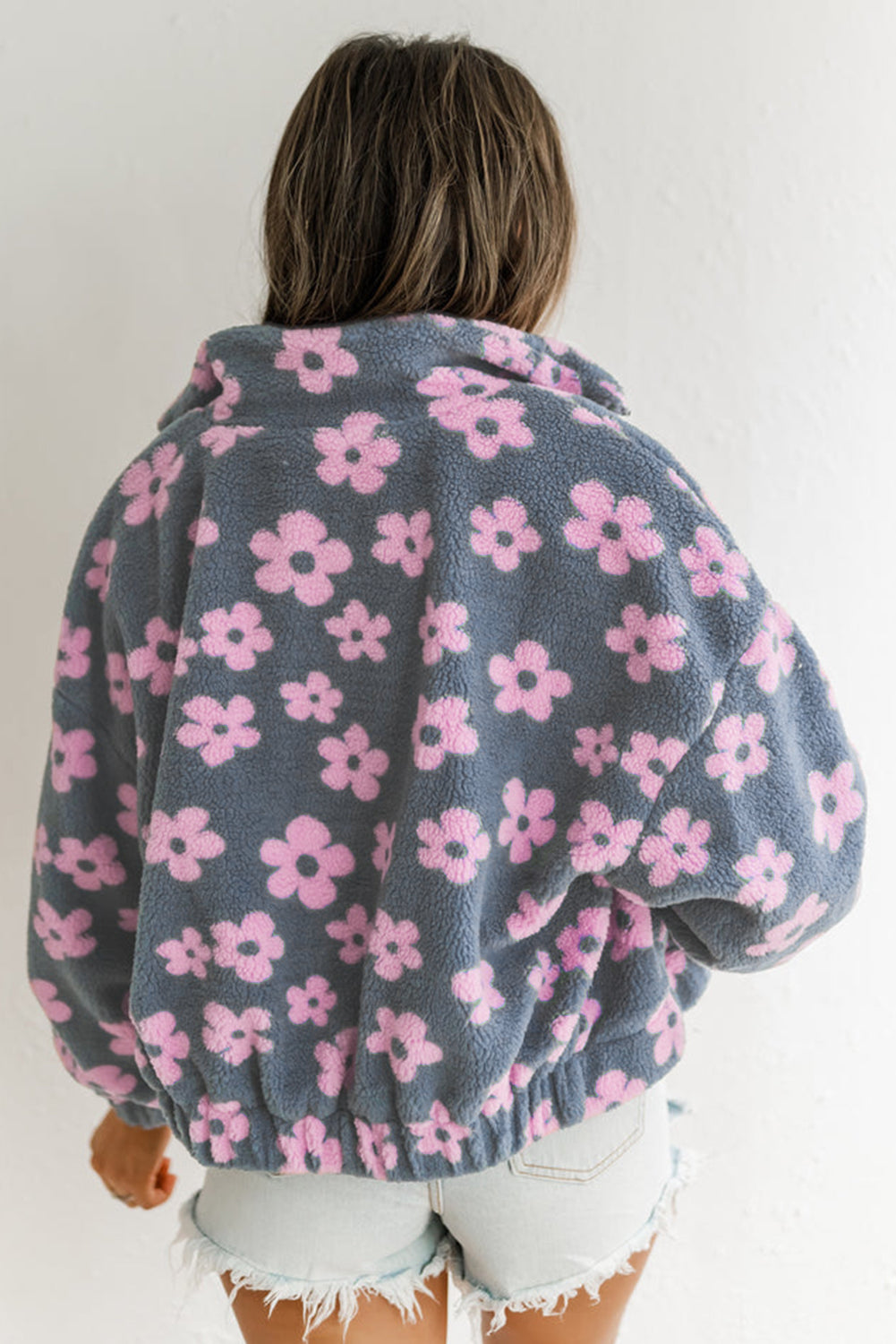 Multicolor Flower Print Zip Up Sherpa Jacket