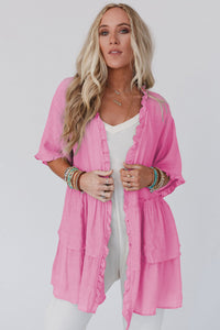 Pink Ruffled Trim Short Sleeve Open Front Kimono