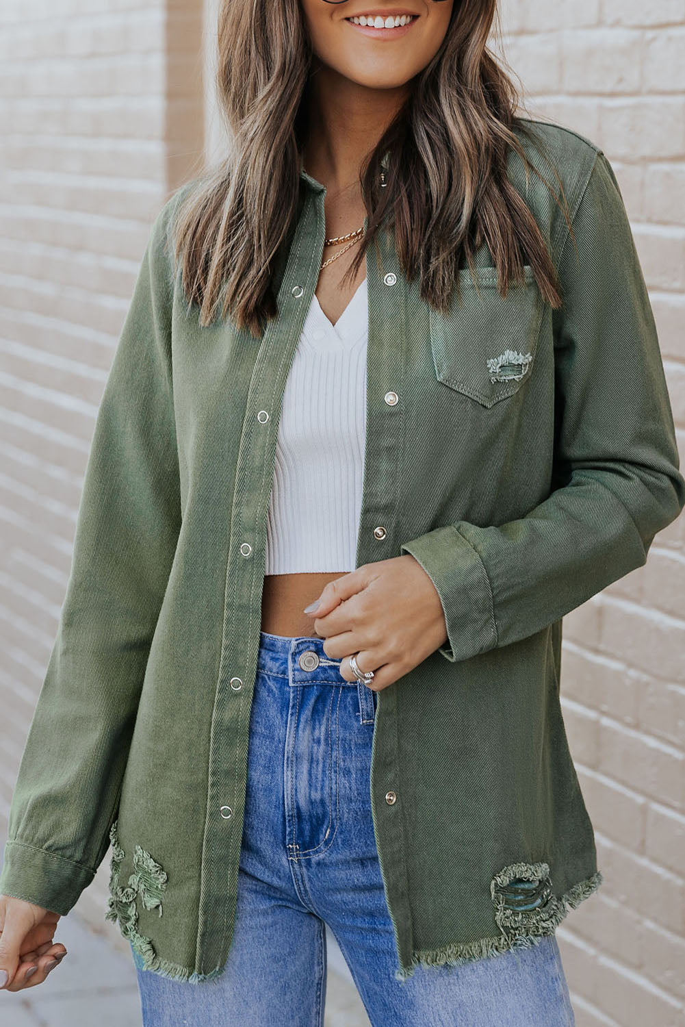 Light Blue Ripped Raw Hem Casual Button Up Denim Shacket