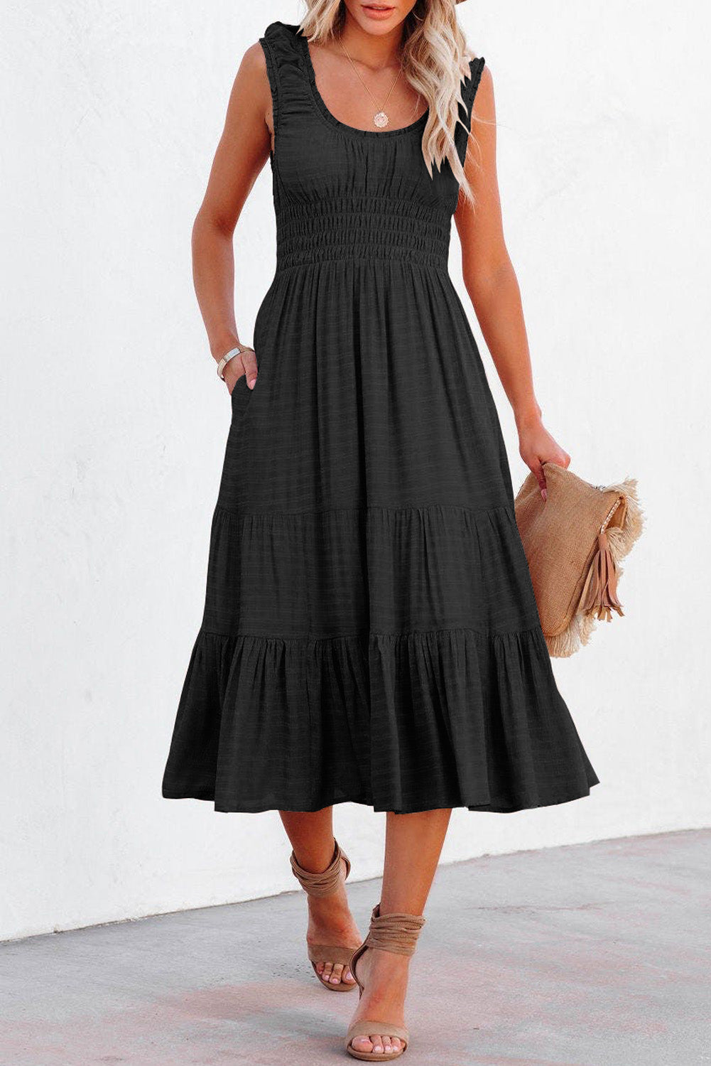 Black U-Neck Sleeveless Ruched Tiered Ruffled Midi Dress