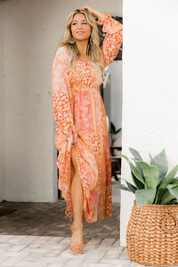 Orange Boho Floral Wrap V Neck Tie Long Sleeve Dress