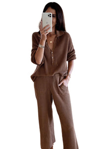 Pink Ribbed Henley Shirt and Wide Leg Pants Loungewear Set