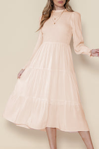 Apricot Powder Frill Trim Smocked Tiered Dress