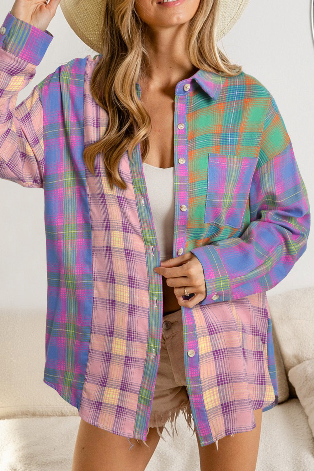 Purple Plaid Colorblock Pockets Button Up Shacket