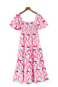 Pink Brush Stroke Printed Smocked Ruffle Tiered Dress