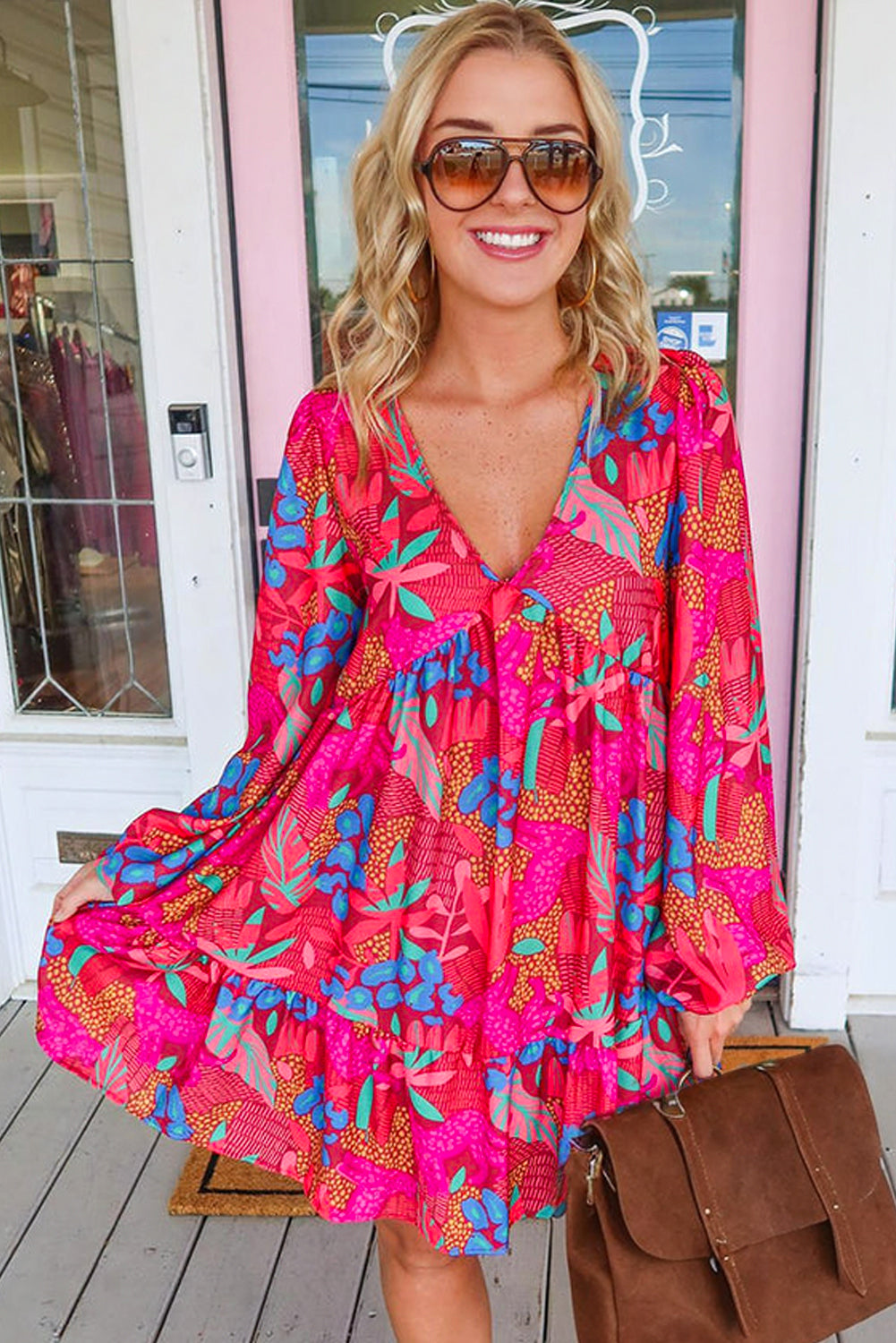 Rose V Neck Bubble Sleeve Boho Flower Flowy Dress