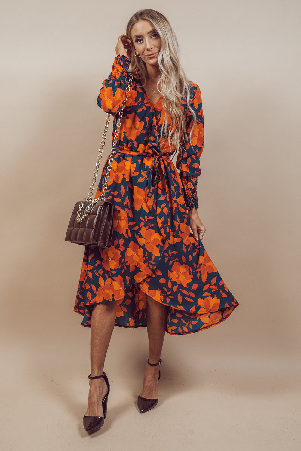 Orange Floral Print Wrap V Neck Belted Midi Dress