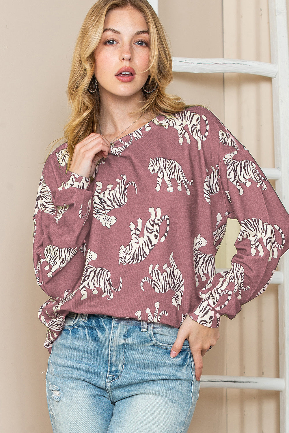 Animal Print Drop Sleeve Pullover Sweatshirt