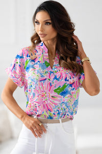 Pink Abstract Floral Print Split V Neck Short Sleeve Blouse