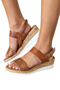 Brown Snake Print Leatherette Wedge Sandals