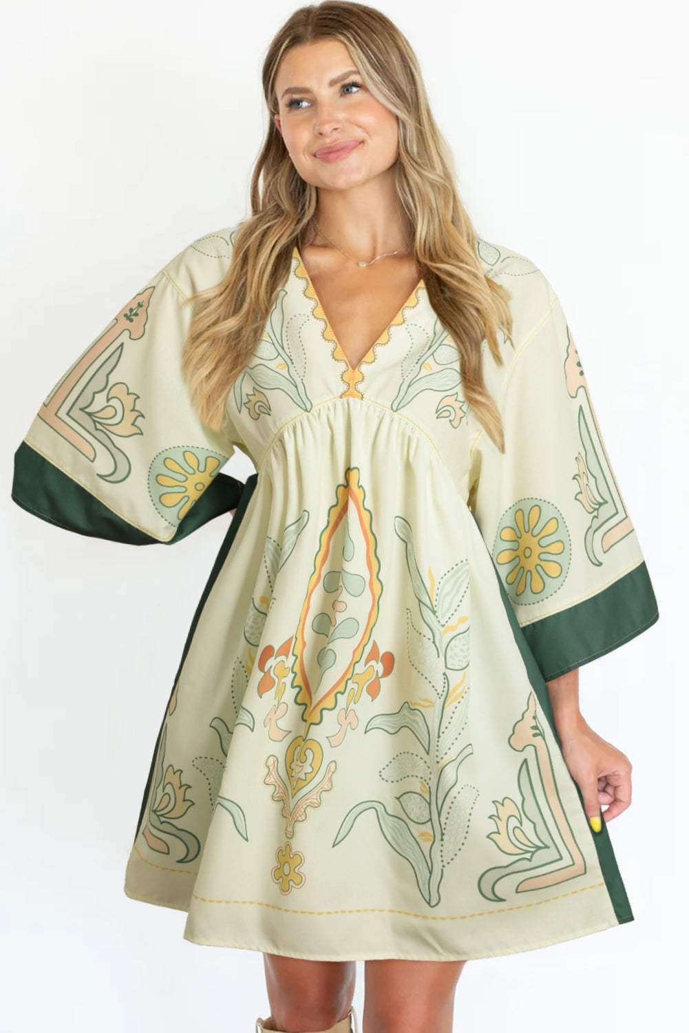 Multicolor Boho Floral V Neck Bell Sleeve Dress