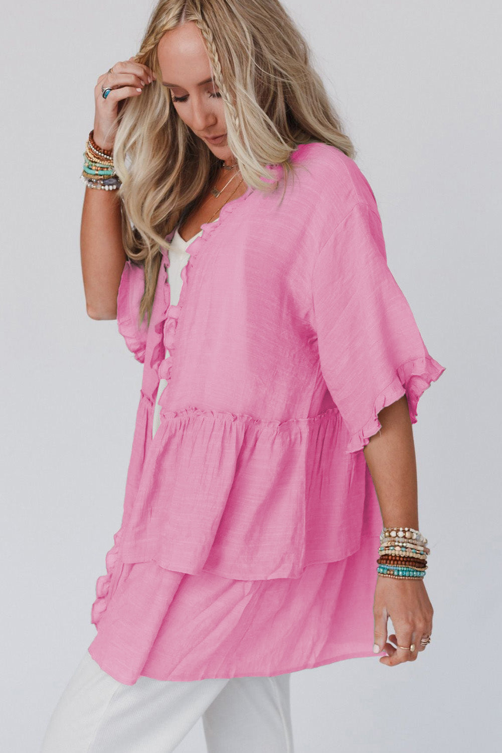 Pink Ruffled Trim Short Sleeve Open Front Kimono