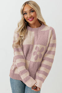 Pink Checkered and Striped Knitted Pullover Sweater